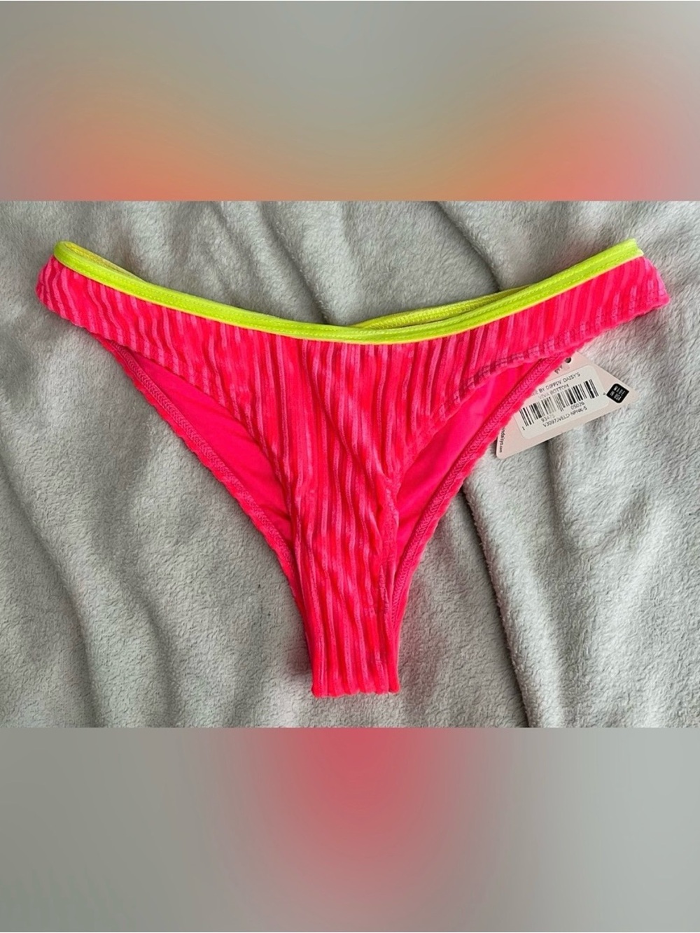 NWT Revibe by Dippin Daisy's Neon Pink Ribbed Bikini Bottom with Yellow Trim